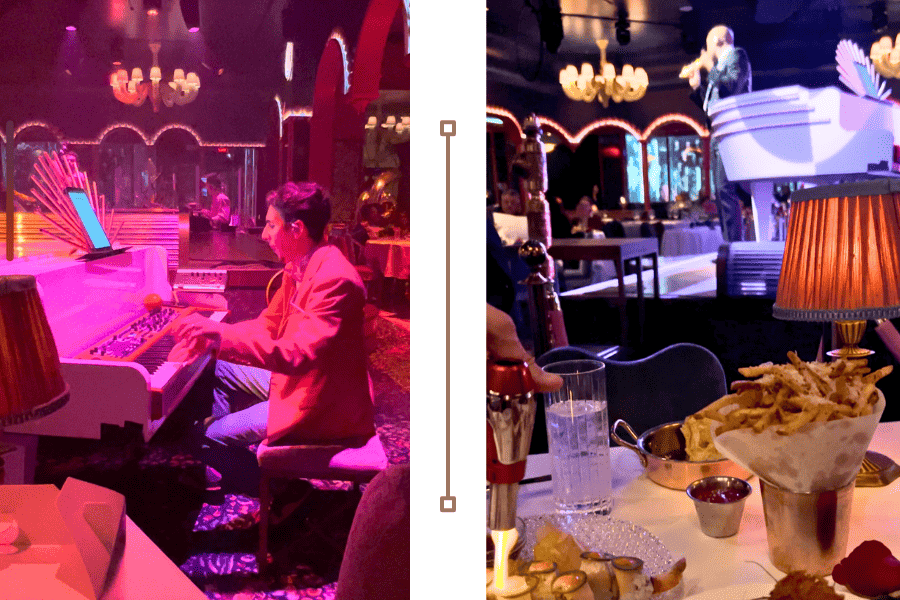 2 photos side by side; the left side is a man playing piano on stage. The right side is a table facing live entertainment. The table has french fries and sushi on it.