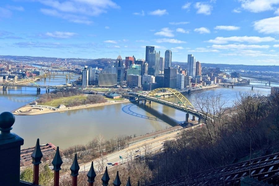View of the Pittsburgh Skyline from the top of Mount Washington. The viewpoint you see after you ride the Duquesne Incline